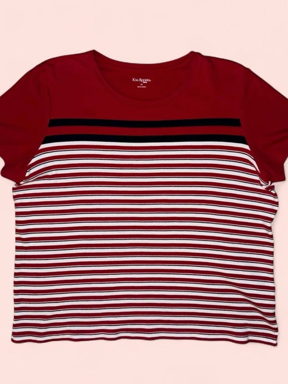 Kim Rogers Petite L 100% Cotton Red Navy White Striped Short Sleeve Top